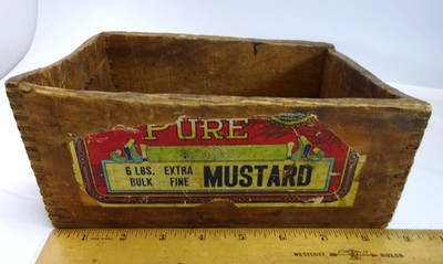 ANTIQUE 6 POUND BULK PURE MUSTARD WOODEN BOX PRIMITIVE DRY GOODS STORE DISPLAY