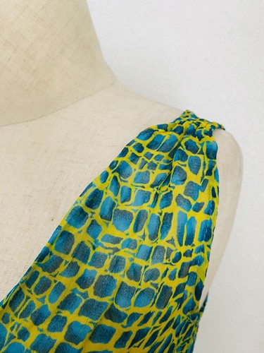 Abito lungo midi vintage anni 90 Y2K BETSEY JOHNSON serpente trasparente blu giallo piccolo seta - Foto 3 di 14