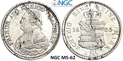 NGC Saxony 1825 GS MS 62 1/6 Thaler Silver Coin Germany VERY RARE ARMORED TYPE