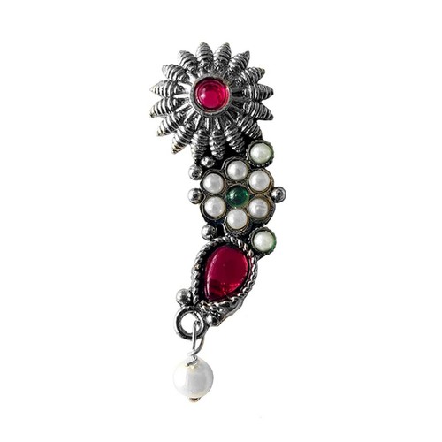 Indian Traditional Silver Oxidized Pearl pink stone Maharashtrian nosepin - Picture 4 of 6