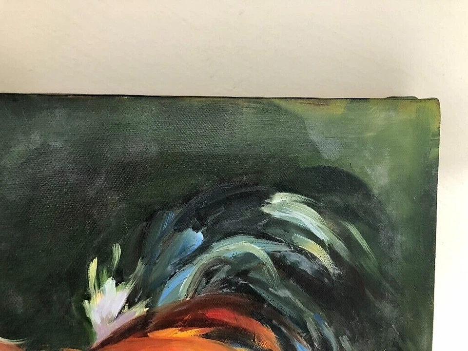 Pintura Original Gallo Pájaro Granjero Animal de Granja Talla 12" X 16" Lienzo Sin Marco Foto 3 de 4