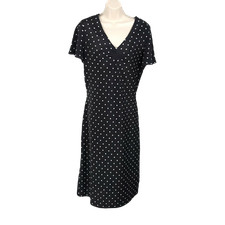 Expressions Vintage Midi Dress ~ Sz 6 ~ Black ~ White Polka Dots ~ Short Sleeve