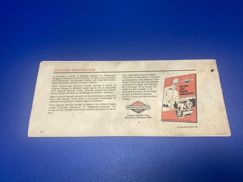 Vintage Briggs & Stratton Small Engine Service Repair Manual 1984 Instructions - Picture 11 of 11