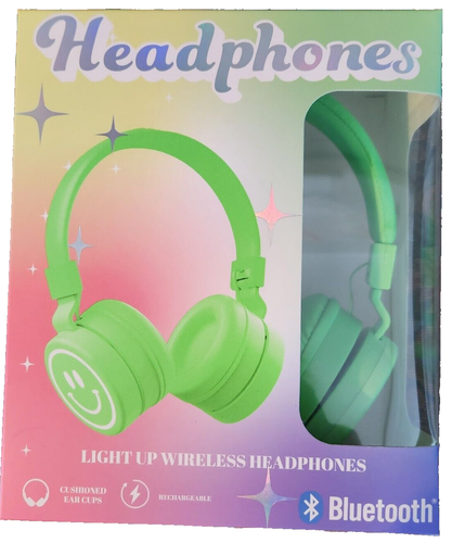 Kids Green Smiley Face Bluetooth Headphones Over Ear Light Up