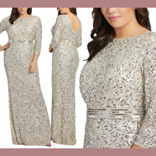 NWT Mac Duggal [ 22W ] Embellished Bateau 3/4 Sleeve Gown in Nude Silver #Q475