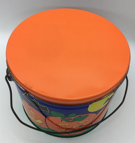 Vintage Halloween Tin Pail Bucket With Lid Candy Bat Jack O Lantern Pumpkin - Picture 7 of 12