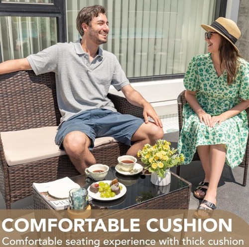 4 Pieces with Beige Cushion Brown Patio Furniture Set Outdoor Balcony Lawn Porch - Picture 2 of 6
