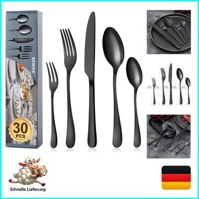 Cutlery Set for 6 People, 30-Piece Matte Black Cutlery Set Including Knife, F...