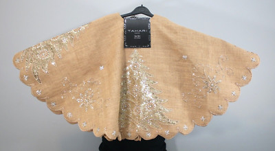 Christmas Tree Skirt TAHARI Burlap Gold Floral Beaded Embroidery 52  Lined