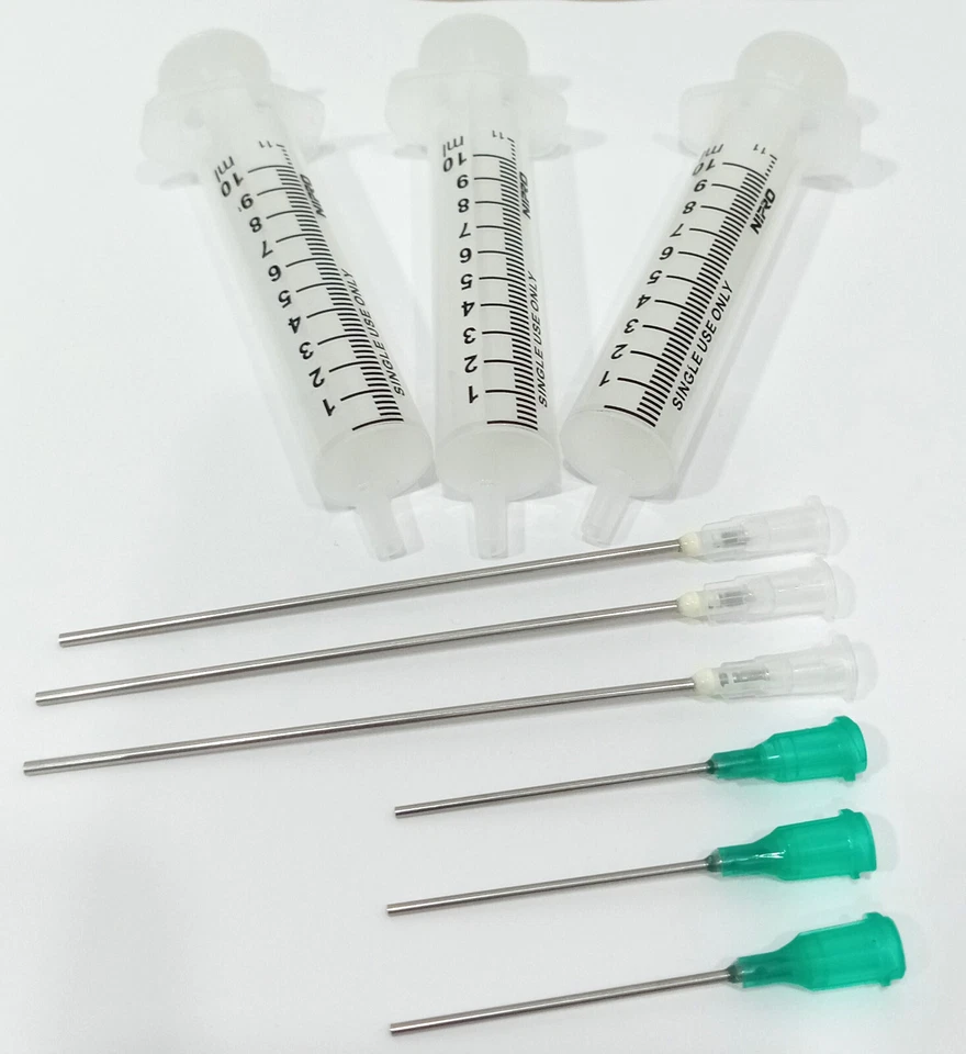 10ML INJECTION = 3 100MM LONG BLUNT NEEDLES = 3, 50MM LONG BLUNT NEEDLE = 3 PCS