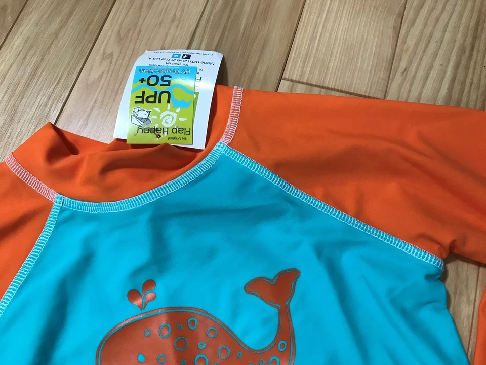全新带标签 原装 FLAP HAPPY Rashguard 海滩上衣 橙色 & Aqua 带鲸鱼 8 男孩 UPF 50+ — 第 4/4 张图片