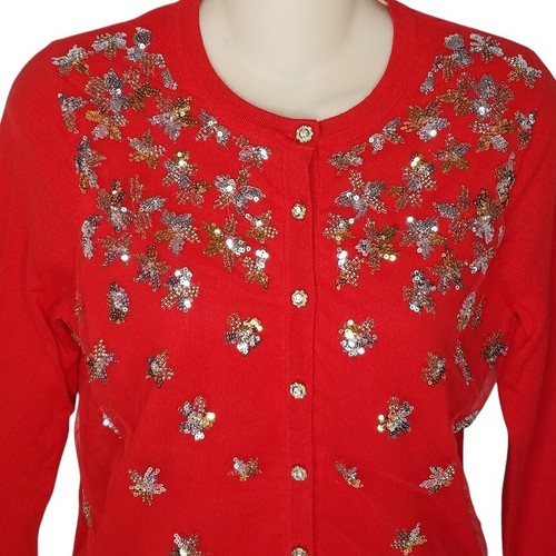 Charter Club Women's Size S Cardigan Sweater Red Sequin Rhinestone Buttons New - Picture 5 of 14