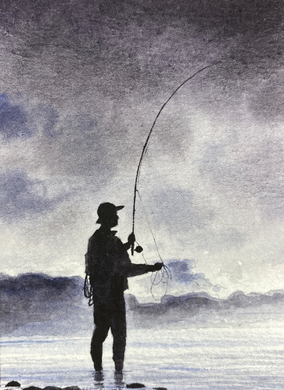 Watercolor Painting Fishing Fisherman Lake ACEO Art No.315