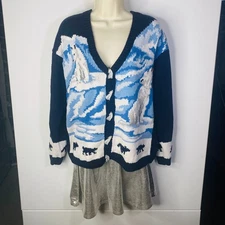 RARE VTG 93 The Eagle’s Eye Cardigan Sweater M Arctic Wolf Snow Blue Button Howl