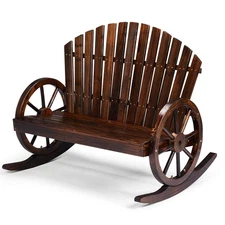 36in In/Outdoor Rustic Wooden Wagon Adirondack Rocking Chair with Back, Armrest