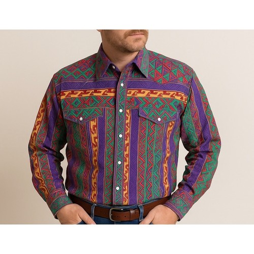 Vintage Ruddock Bros Western Shirt XL Tail Cotton Bold Multicolor Aztec 90's - Picture 2 of 8