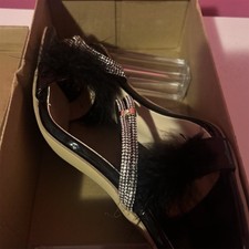 Black Strappy Sandals with Rhinestone and Feather Accents, Block Heel, Open Toe