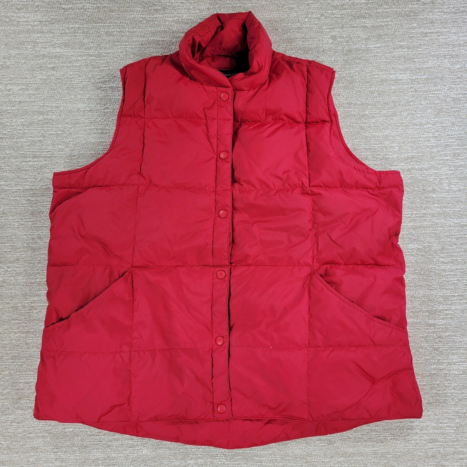 Lands End Down Puffer Vest Mens L/XL Red Quilted Snaps Outdoor Fall Gorpcore