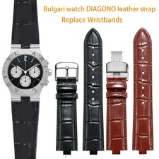 Genuine Leather Watch Strap For Bulgari Diagono Titoni 22x8mm Convex Black Band