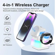 Wireless Charger, 4 in 1 15W Fast Charging Station Magnetic Adsorption,Colorful