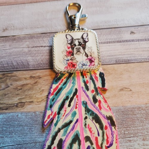 Handcrafted Purse Charm Leather feather Boston Terrier keychain purse charm - Picture 2 of 2