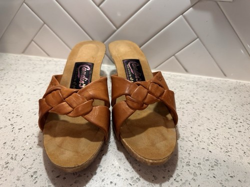 Candies Vintage 1980s Knotted Sandals Sexy Mid Heels Slides Mules Tan 9 / 40 - Picture 4 of 15