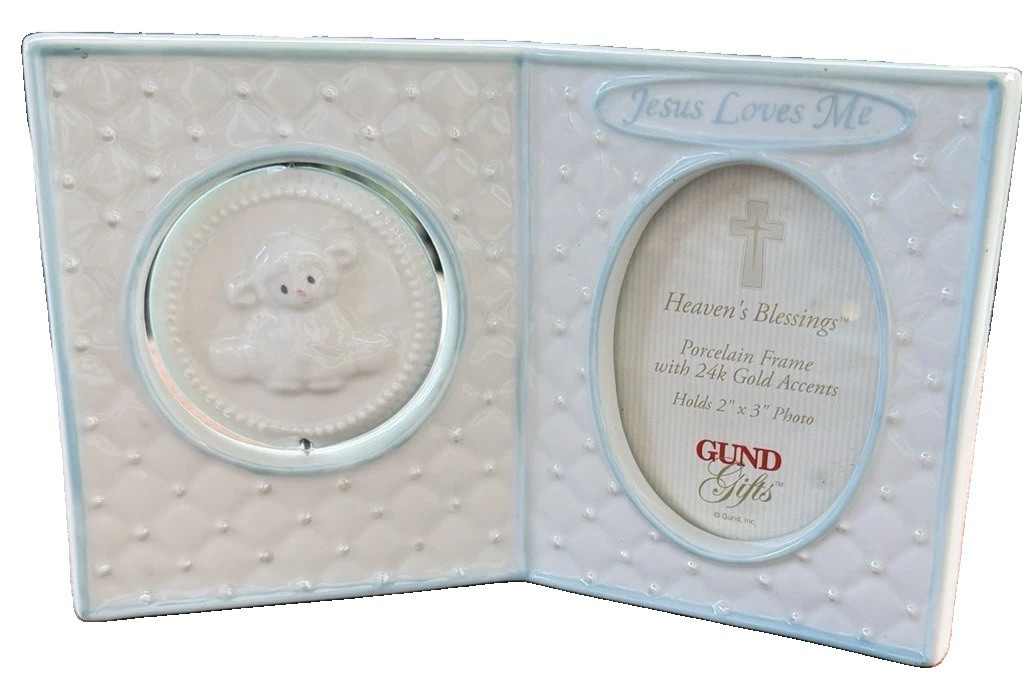 Vtg Gund-Jesus Loves Me-Blue Picture Frame-4 in x 6 in-Porcelain-Holds 2x3 Photo