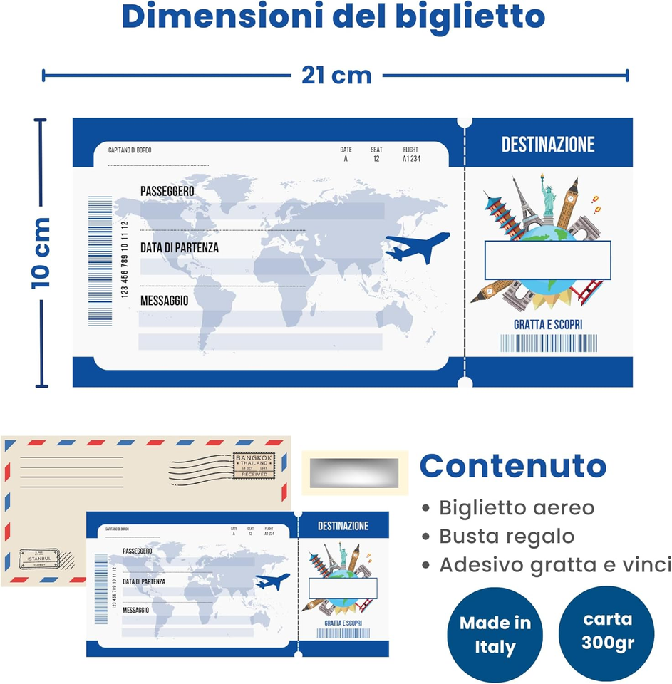 sundrerfect Biglietto Aereo Gratta e Vinci, Biglietto aereo finto regalo da grattare,Regalo Sorpresa Viaggio, Idee Regalo Viaggio, Personalizzabile, Per Compleanno, Matrimonio, Natale