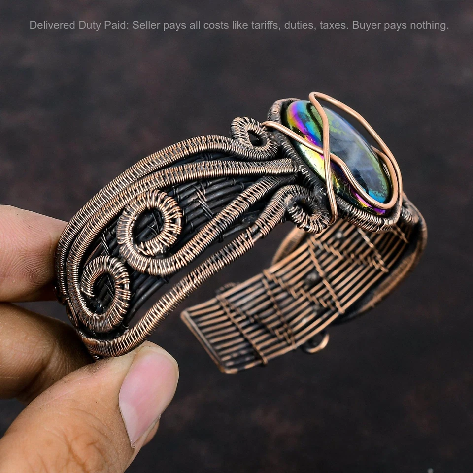 Natural Mystic Fire Labradorite Wire Wrapped Sister Wedding Cuff Jewelry Copper - Image 4 of 4