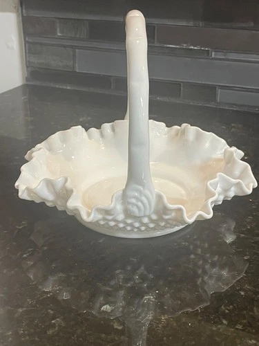 White Milk Glass Hobnail Basket Vintage 70's Candy Flowers Catchall
