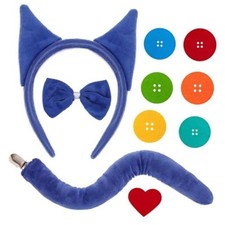 Blue Cat Ears Headband and Tail Bowtie with 6 Button Patches 1 Heart Patch