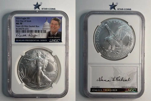 2024 Silver Eagle NGC MS70 Anna Cabral Signed Ronald Reagan Facsimile Signature