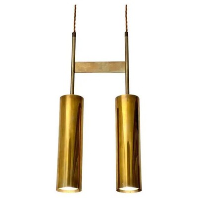 Modernist Solid Brass Double Cylinder Pendant Light Fixture, 1960s Handmade byHD