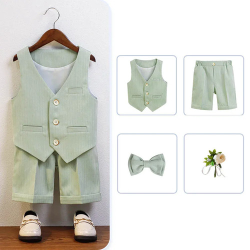 Children Green Suit Kids Vest Shirt Shorts Costume Boys Wedding Dress - Picture 16 of 21