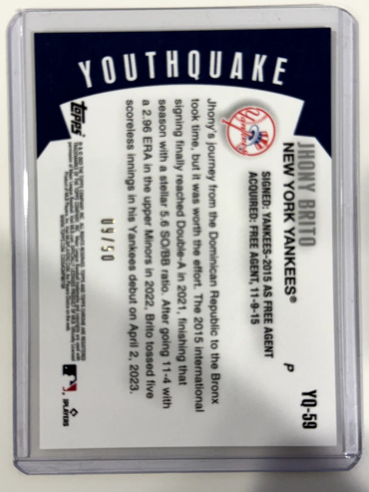 2023 Topps Chrome Update Jhony Brito Youthquake Gold Refractor RC #/50 #YQ-59 - Image 2 of 2