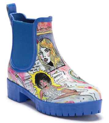 New Jeffrey Campbell Cloudy Chelsea Rain Women Boots - Power Comic Print  Sz.6 M