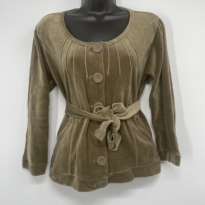 SONIA RYKIEL Scoop Neck L/S Button Down Belted Waist Olive Velvet Jacket Size XL