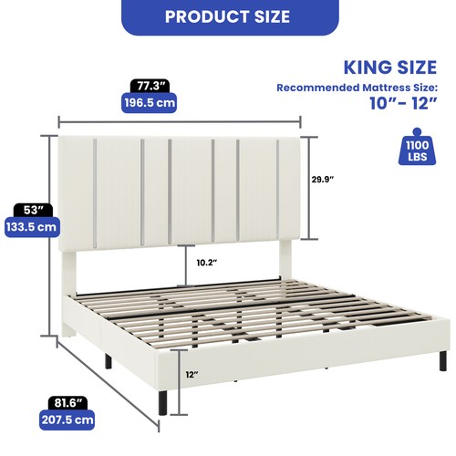 King Size Bed Frame 52" Tall Upholstered Headboard Soft Velvet Beige Noise Free - Picture 2 of 12