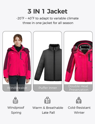 Wantdo Kid Girl Winter 3 in 1 Jacket Waterproof Fleece-Lined Puffer Jacket Coat - Picture 5 of 30
