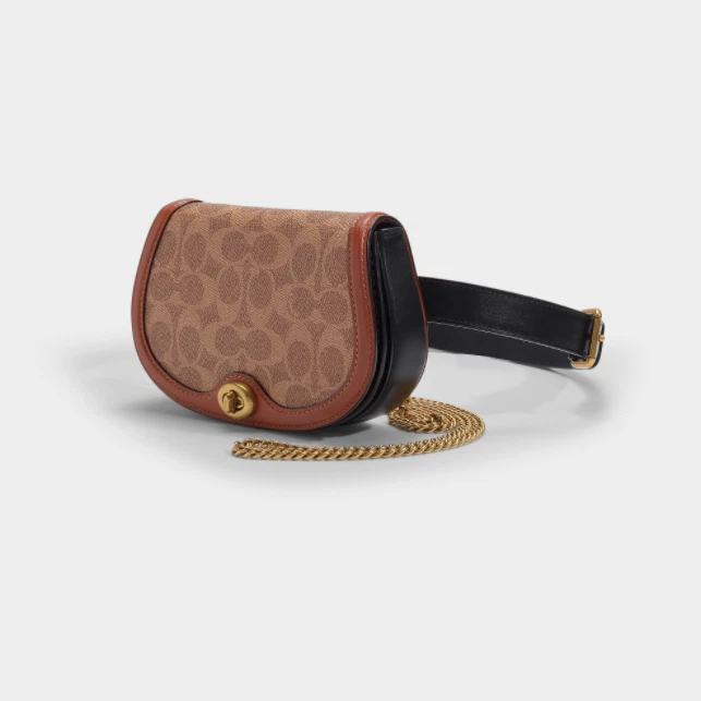 COACH Signature Saddle Belt Bag Chain Crossbody Bag Tan/Rust/Brass - Image 3 of 4