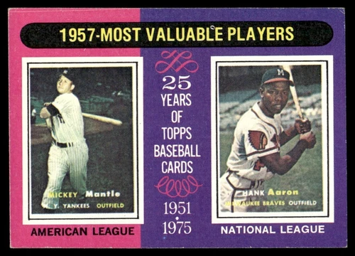 1975 Topps Baseball Mickey Mantle Hank Aaron 1957 MVP Card #195 EX-MT