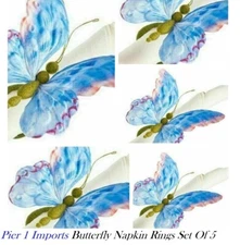 Pier 1 Imports 6" Butterfly. Napkin Rings Set of 5 Bendable Wire Fabric Wings