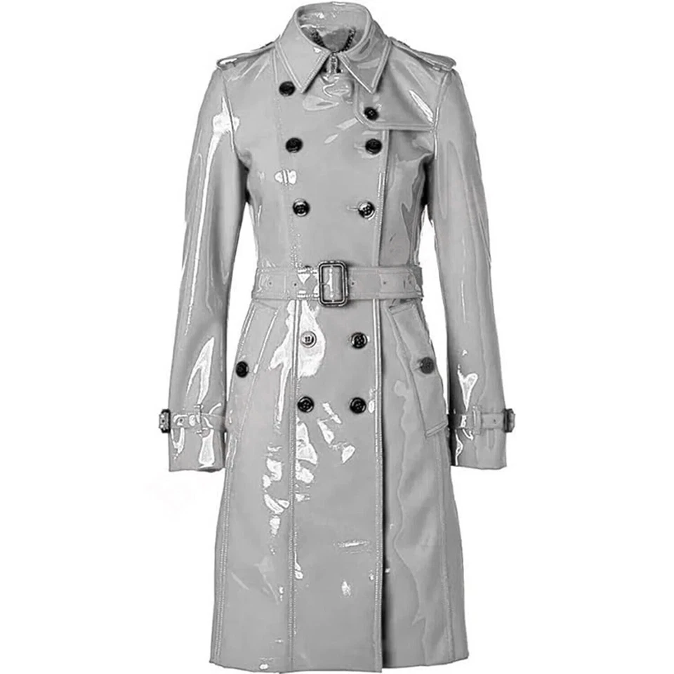 Women Trench Vinyl Shiny Gothic Coat PVC Emo Top quality Multi Faux Leather Coat - Image 3 of 4