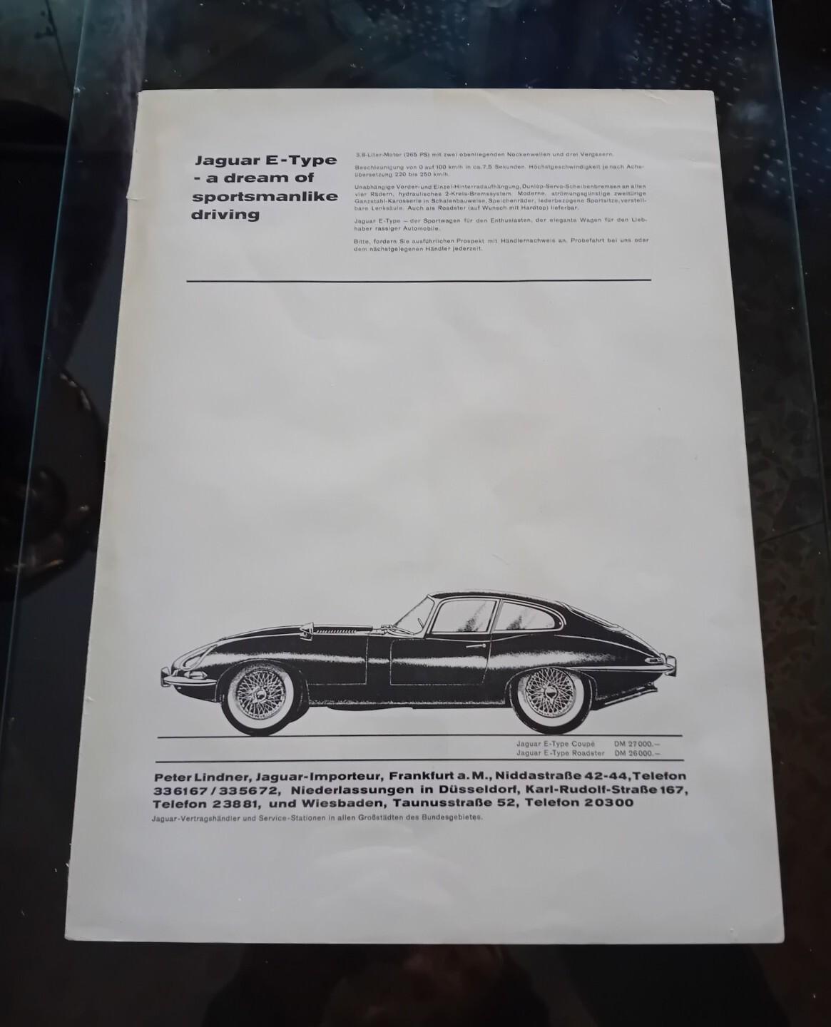 PUBBLICITÀ JAGUAR E TYPE 3.8 XKE TEDESCO PETER LINDNER Advertising 24x33.5