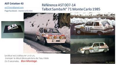 DECALS CALCA 1 43 TALBOT SAMBA N° 71 RALLY WRC MONTE CARLO 1985 MONTECARLO - Photo 1/2