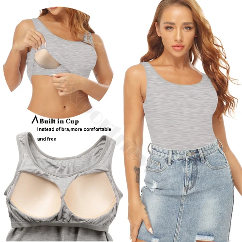 TANK TOP Womens Stretch Long Workout Fitness Sport Yoga Built in Bra Basic Top - Picture 15 of 61