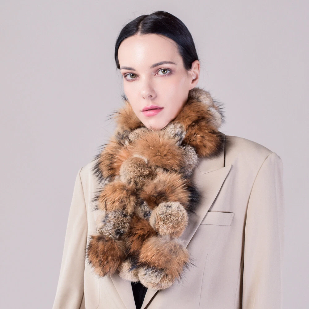 Women Real Rabbit Fur +Raccoon Fur Scarf Warm Knitted Neckerchief W Pompom Ball
