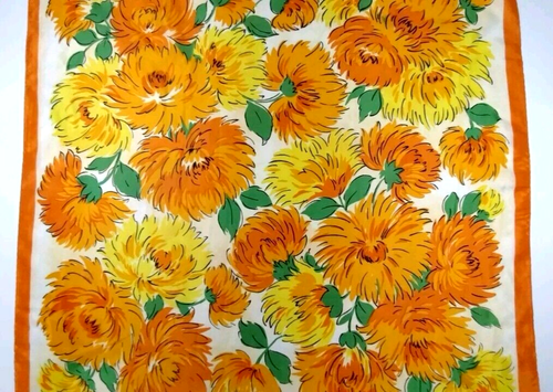 70s Scarf Bright Orange Yellow Colorful Vivid Floral Acetate Size Large - Picture 2 of 16