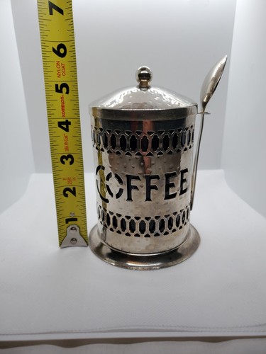 Contenitore da caffè vintage in filigrana placcato argento con inserto in plastica blu e cucchiaio - Foto 11 di 12