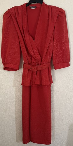 Vintage Breli Originals Red Long-Sleeve Belted Dress Size 18 Y2K 80s Made In USA - Picture 2 of 11